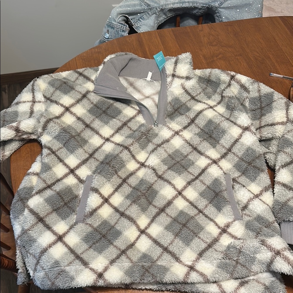 Maurices Gray and White Crew Neck Sweater with Plaid Pattern